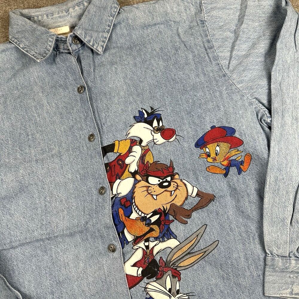 Looney Toons Shirt Mens M Button Jerry Leigh Denim Jean Bugs Bunny Vtg USA WB